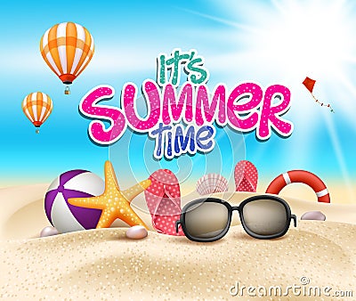 Summer Time in Beach Sea Shore with Realistic Objects Vector Illustration