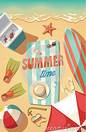 Summer time,beach stuff necessary for vacation Cartoon Illustration