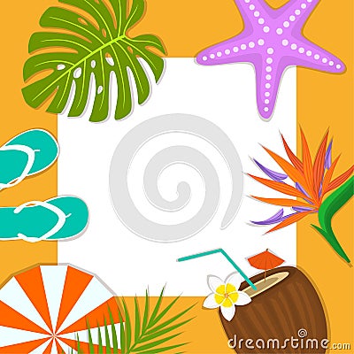 Summer time beach travel frame card background template flip flops, umbrella, coconut drink, bird of paradise flower, flippers, Stock Photo