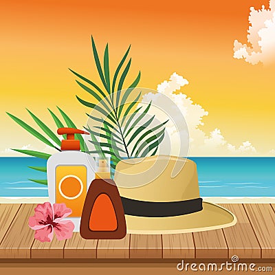 Summer time in beach vacations sun bronzer and sunblock spray hat flower leaves Vector Illustration