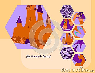 Summer time card template with sand castle. Vector modern background decorated by hexagon tropical beach holiday elements Vector Illustration