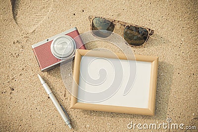 Summer time concept,frame,camera and glasses Stock Photo