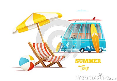 Summer time concept. Surfers van and lounger with umbrella Stock Photo