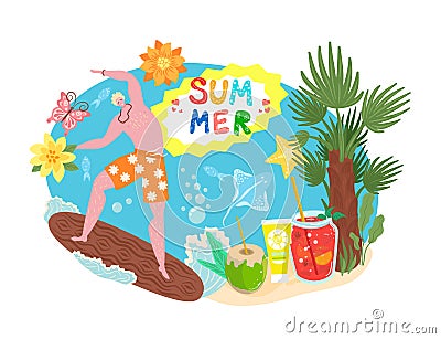 Summer time concept, tropical vacation, travel, sand beach season and surfing flat vector illustration. Surfer on boad Vector Illustration