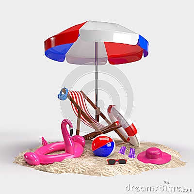 Summer time with Elements, Flamingo float, pool ring, Ball, Ring Floating, hat, sunglass and Chair For Background Banner or Stock Photo