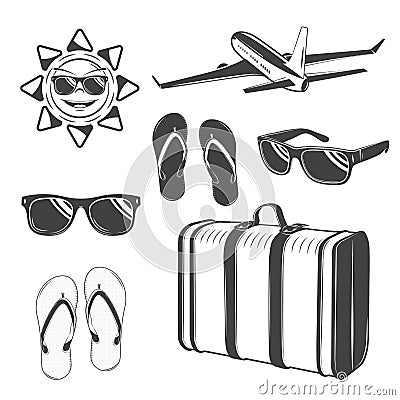 Summer time elements set. Detailed elements. Typographic labels, stickers, logos and badges. Vector Illustration