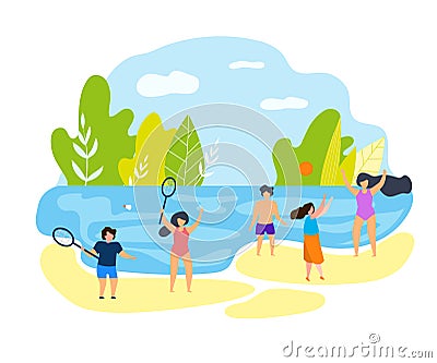Summer Time Family Vacation Children on Beach. Vector Illustration