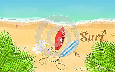 Summer time and favorite surfing. Surfboards, slippers and a towel lie on the beach. Beautiful text on the sand. A bright, sandy b Cartoon Illustration