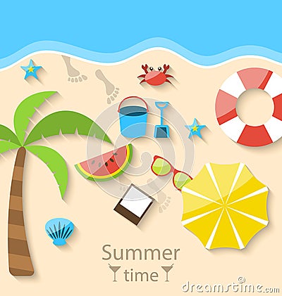 Summer time with flat set colorful simple icons on the beach Vector Illustration