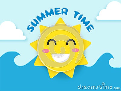 Summer Time Font With Paper Cut Cheerful Sun Emoji, Clouds And Water Wave On Blue Stock Photo