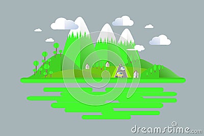 Summer time, green, grey mountain landscape, cars on the road. Modern flat design Vector Illustration