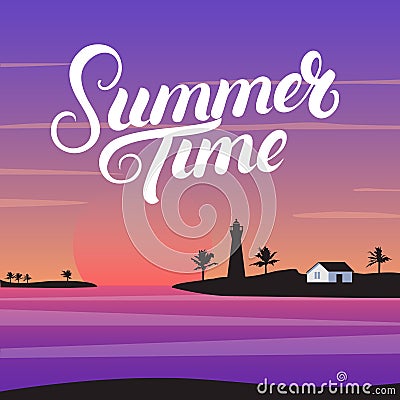 Summer Time hand written lettering. Beautiful landscape background. Vector Illustration