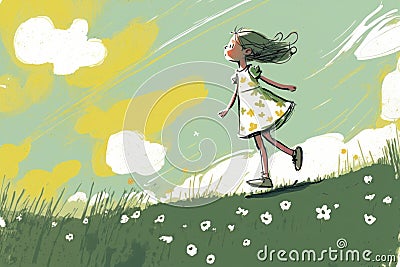 Summer time happiness. Little girl have a walk outdoors. Rural scene. Beautiful creative art. Generative AI Stock Photo