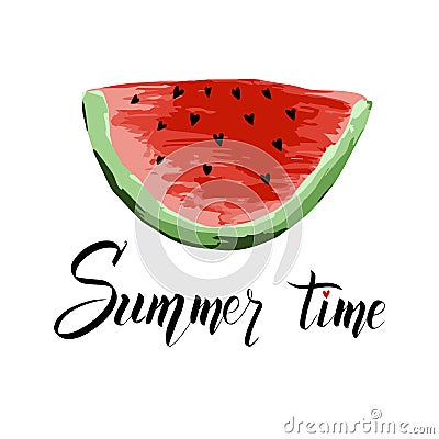 Summer time lettering with a slice of watermelon. Vector modern calligraphic design. Stock Photo