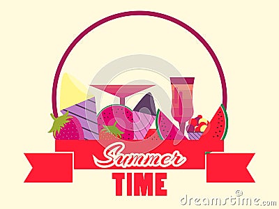 Summer time logo with fruits and ribbon. Ice cream, strawberries and glasses. Banner design. Vector Vector Illustration