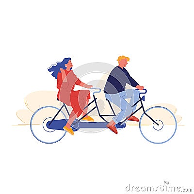 Summer Time Outdoors Activity, Biking Spare Time. Man and Woman Riding Tandem Bike in Public Park Vector Illustration