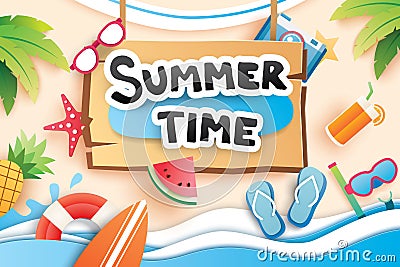 Summer time with paper cut symbol icon for vacation beach background. Art and craft style. Use for banner, poster, card, cover, s Vector Illustration