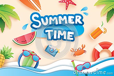 Summer time with paper cut symbol icon for vacation beach background. Art and craft style. Use for banner, poster, card, cover, s Vector Illustration