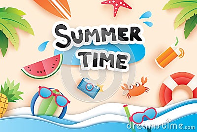 Summer time with paper cut symbol icon for vacation beach background. Art and craft style. Use for banner, poster, card, cover, s Vector Illustration
