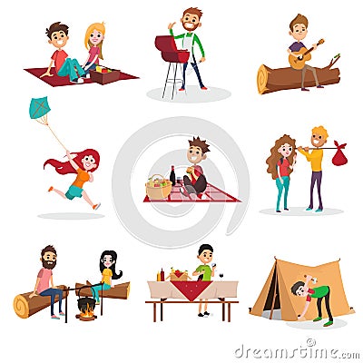 Summer time people activities on picnic, grill or barbecue, man and woman sitting by the fire, boy pitching a tent, girl Vector Illustration