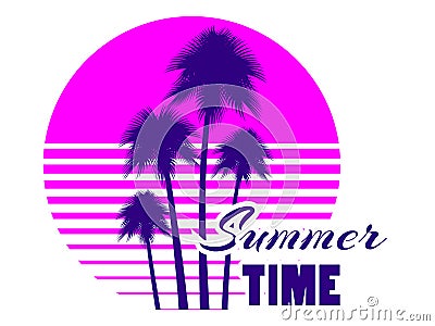 Summer time retro futuristic landscape with palm trees. Neon sunset in the style of 80s. Synthwave retro background Vector Illustration