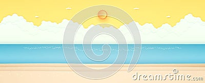 Summer Time, seascape, landscape, blue sea with beach, bright sun and orange sunny sky Vector Illustration