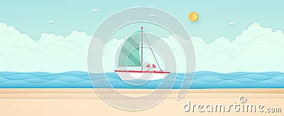 Summer Time, seascape, landscape, sailboat with blue sea and beach, cloud, sun Vector Illustration
