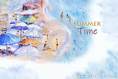 Summer time seascape painting colorful of family vacation and tourism Stock Photo