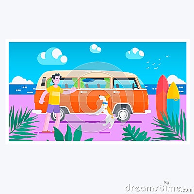 Summer time.Surf van on the beach.Summer holiday sunset beach scene tropical Vector Illustration Vector Illustration