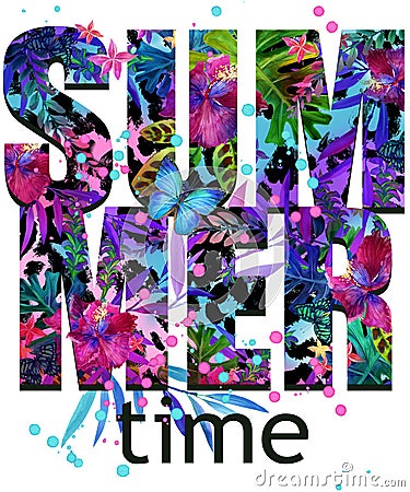 Summer time Tee Shirt design. Tropical plants texture. Summer time text. Stock Photo