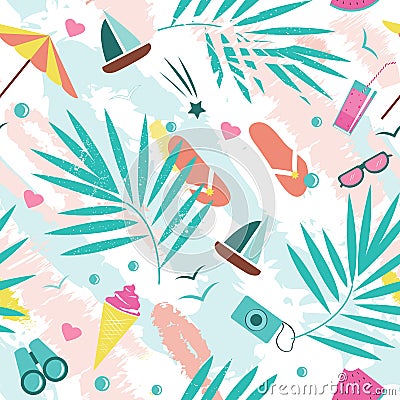 Summer time vector seamless pattern with colorful beach elements isolated on white background. Summer background print. Vector Illustration