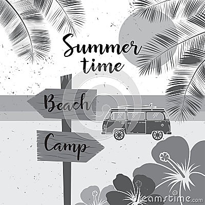 Summer time. Vector summer surf camp retro banner. Surfing concept for shirt or logo, print, stamp. Vector Illustration