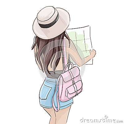 Summer tourist illustration. Vector traveller girl holding map. Glamour fashion magazine sketch, woman in shorts and hat Vector Illustration