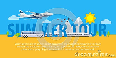 Summer travel banners in flat style. Traveling in time of vacation by plane, train and bus. Template for advertising, ads and webs Vector Illustration