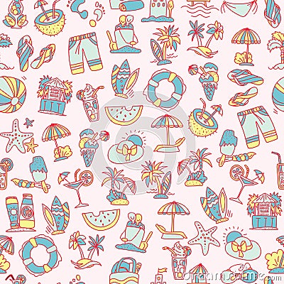 Summer, travel and beach sketch seamless pattern in black and white colors. Travelling hand draw elements with Vector Illustration