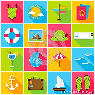 Summer Travel Colorful Icons Vector Illustration