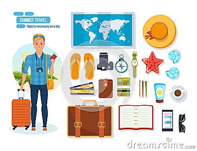 Summer travel concept. Young traveler man. Objects necessary on trip. Vector Illustration