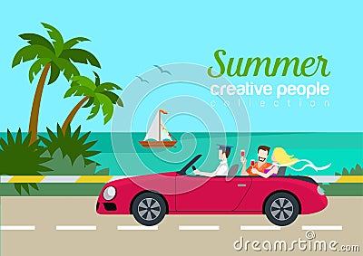 Summer travel couple cabrio car flat web infographic concept Vector Illustration