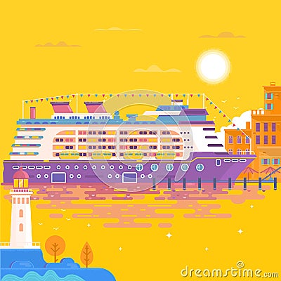Summer travel cruise ship. Sea landscape. Vector Illustration