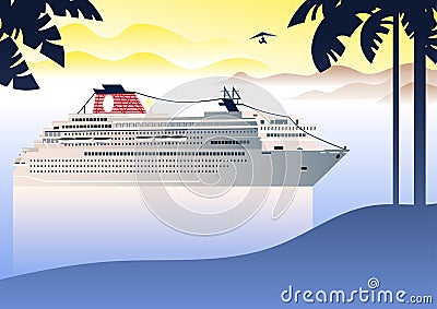 Summer travel cruise ship. Vintage art deco poster illustration. Vector Illustration