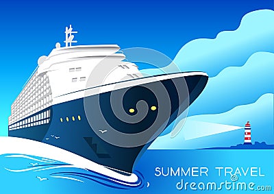 Summer travel cruise ship. Vintage art deco poster illustration. Vector Illustration