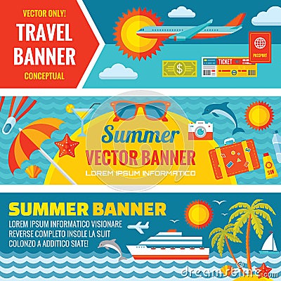 Summer travel - decorative horizontal vector banners set in flat style design trend Vector Illustration