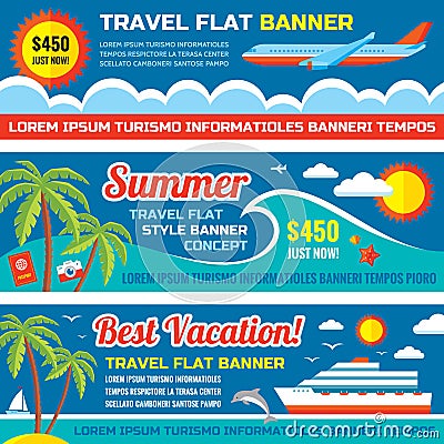 Summer travel - decorative horizontal vector banners set in flat style design trend. Summer travel vector backgrounds. Vector Illustration