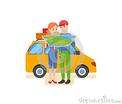 Summer travel - family trip to warm country in his car. Vector Illustration