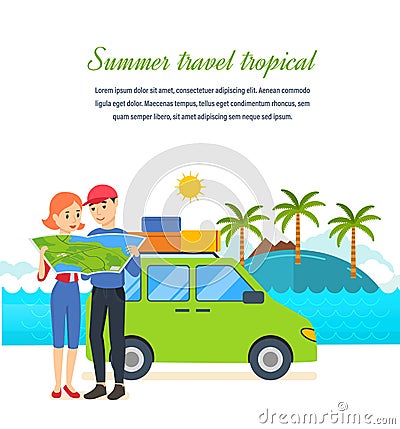 Summer travel - family trip to warm country in his car. Vector Illustration