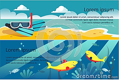 Summer travel horizontal banners, beach, scuba diving mask, underwater world vector Illustration Vector Illustration