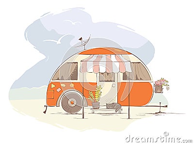 Summer travel in a house on wheels Vector Illustration