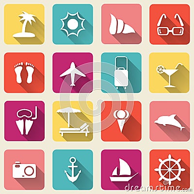 Summer travel icons long shadow Vector Illustration