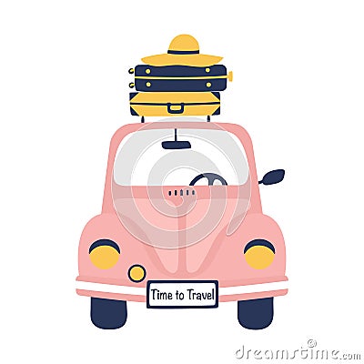 Summer travel illustration with cute retro car and suitcases. Vector Illustration