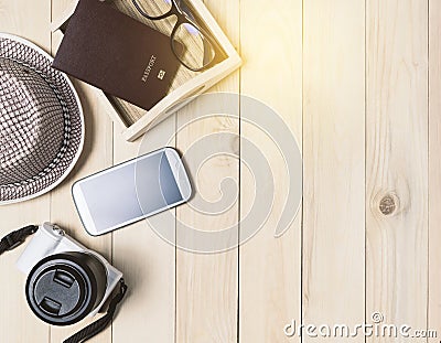Summer Travel Objects on wooden copy space Stock Photo